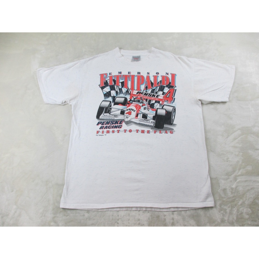 VINTAGE Emerson Fittipaldi Shirt Mens Extra Large White First To The Flag Indy*